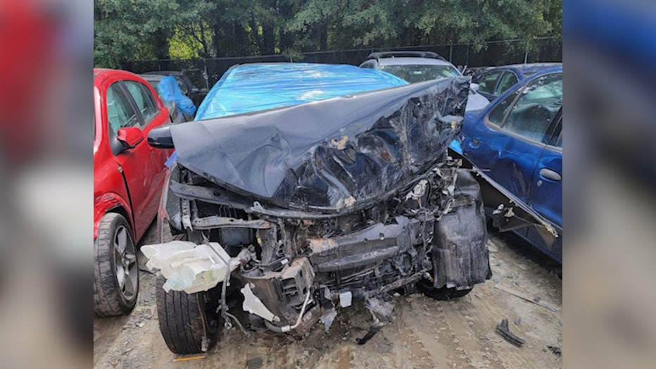 A photo shows how a vehicle carjacked was totaled on Marietta on Sept. 28, 2021.