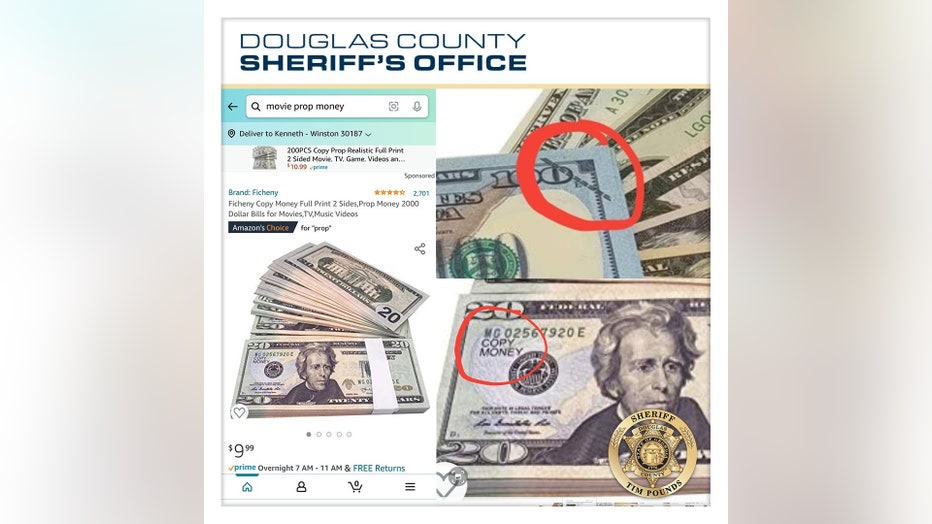 The Douglas County Sheriff's Office released these images as examples of prop money.