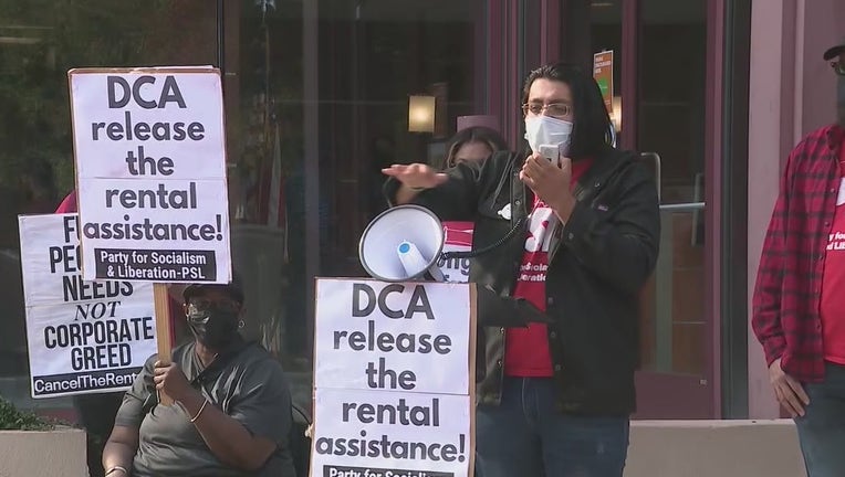 Demonstrators rallied outside the Georgia Department of Community Affairs calling for all federally allotted money towards rental relief to be released on Oct. 1, 2021.