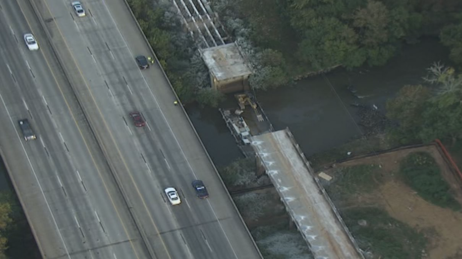 An overhead view showing the Access Road bridge over the Yellow River collapsed on Oct. 19, 2021.