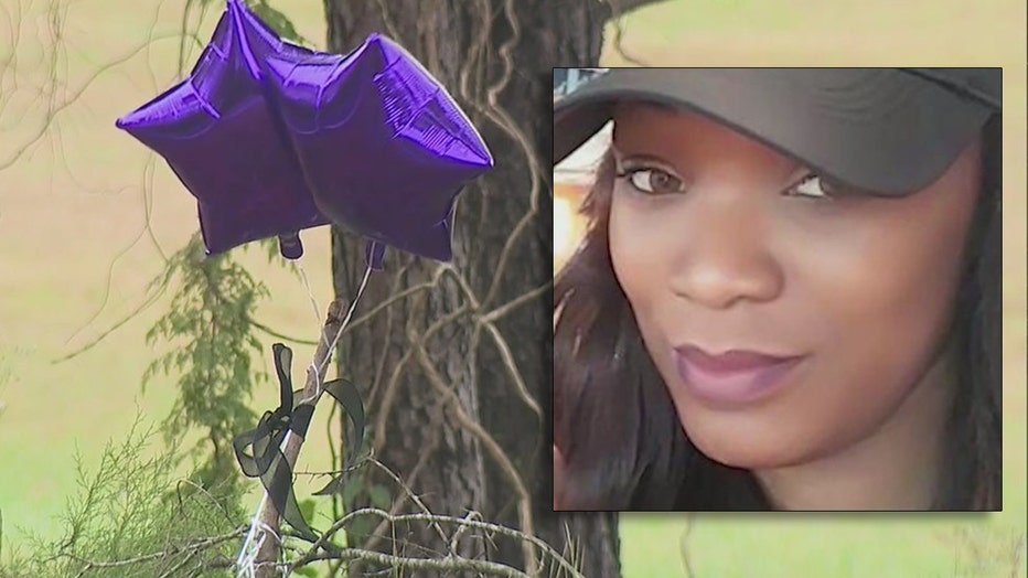 Two purple star balloons mark where Akeila Ware was found unresponsive after a shooting and crash in Troup County on Oct. 5, 2021.