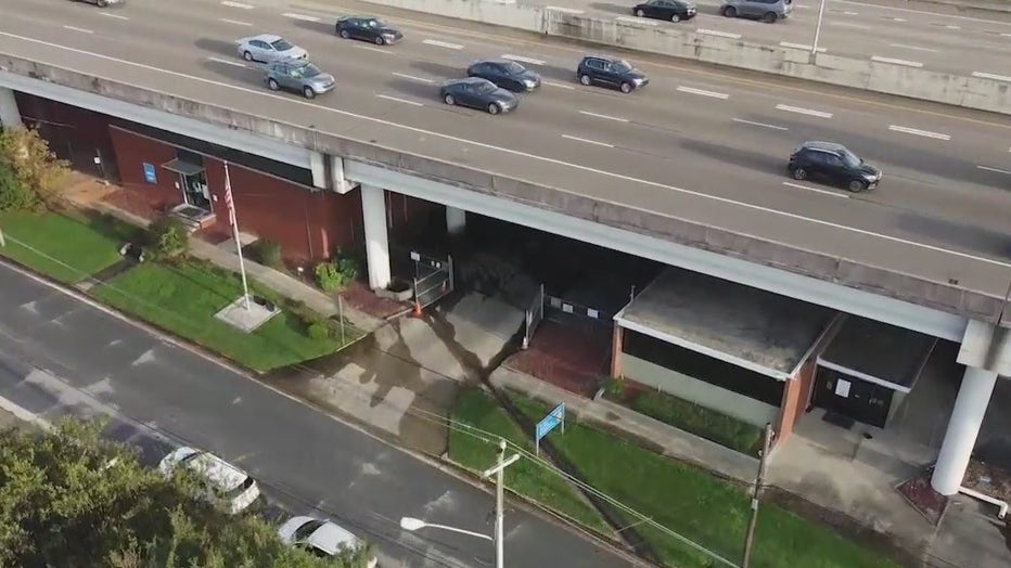 This image taken by SKYFOX Drone shows the area where Leslie Reese was knocked off of I-85 onto the grass about 30-feet below.