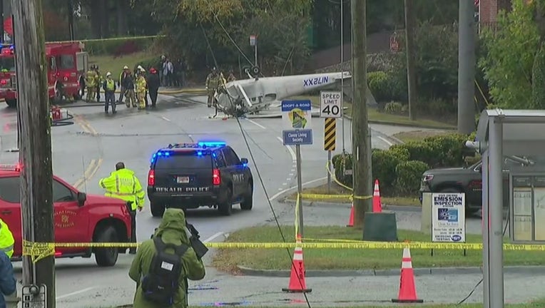 A small plane crashed down onto on N. Decatur Road in DeKalb County Thursday morning (FOX 5 Atlanta).
