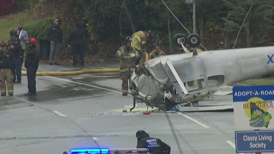 A small plane crashed down onto on N. Decatur Road in DeKalb County Thursday morning (FOX 5 Atlanta).