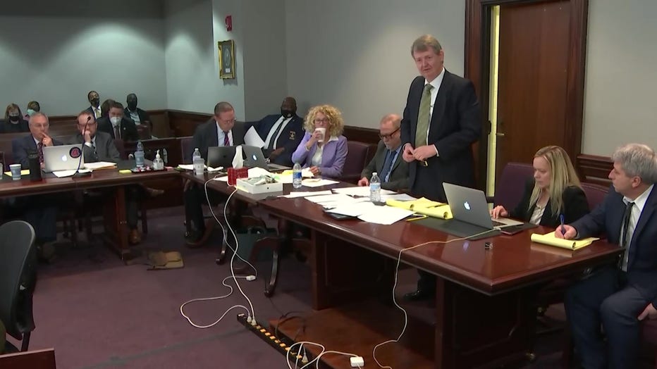Attorney Kevin Gough addresses a Glynn County courtroom on Nov. 19, 2021, calling a demonstrations in front of the courthouse the day before by Black pastors a 