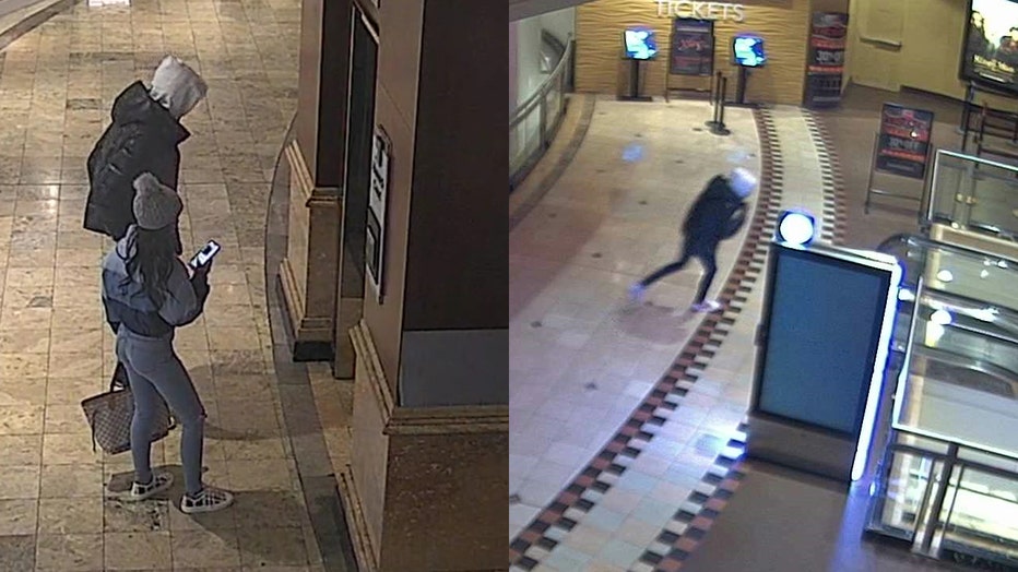 Atlanta police released these photos showing a suspect and a witness investigators say is connected to a shooting at the AMC Theatre inside Phipps Plaza on Dec. 20, 2021.