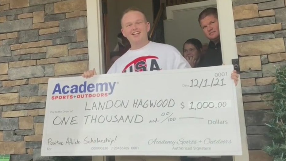 Landon Hagwood, a senior and football player at Oconee High, who has cancer, gifted a $1,000 scholarship and SEC Championship tickets by Positive Athlete and Academy Sports + Outdoors.