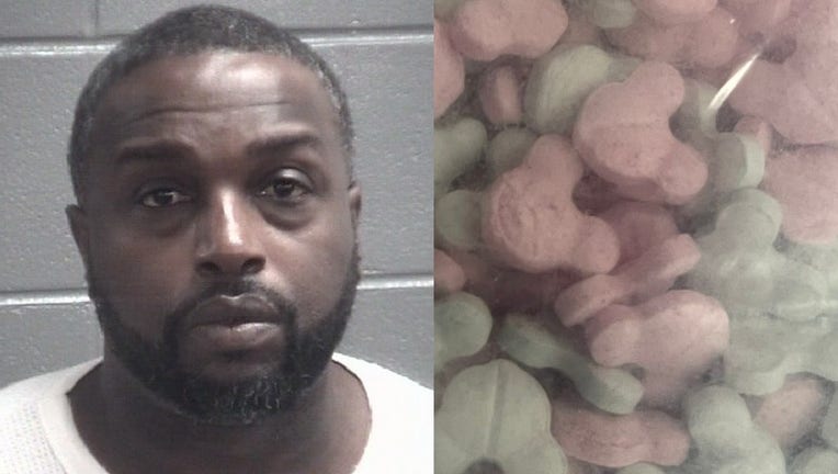 Deputies arrested Kendrick Ponder (left) and seized hundreds of ecstasy pills shaped like Mickey Mouse (right)(Spalding County Sheriff's Office).