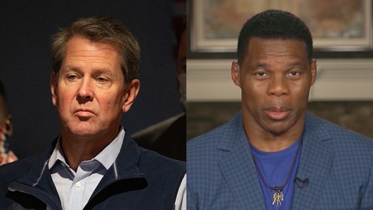 Georgia Gov. Brian Kemp, left, is running for a second term while former Georgia football star Herschel Walker, right, is vying for a chance to unseat Sen. Raphael Warnock.