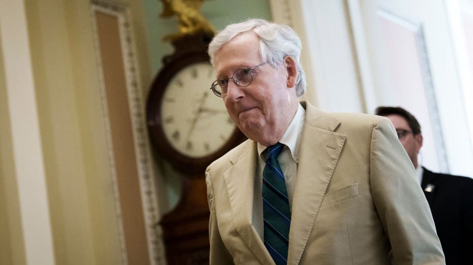 WASHINGTON, DC - JUNE 21: Senate Minority Leader Mitch McConnell, R-Ky., walks from his office to the Senate floor at the U.S. Capitol on June 21, 2021, in Washington, D.C. (Photo by Drew Angerer/Getty Images)