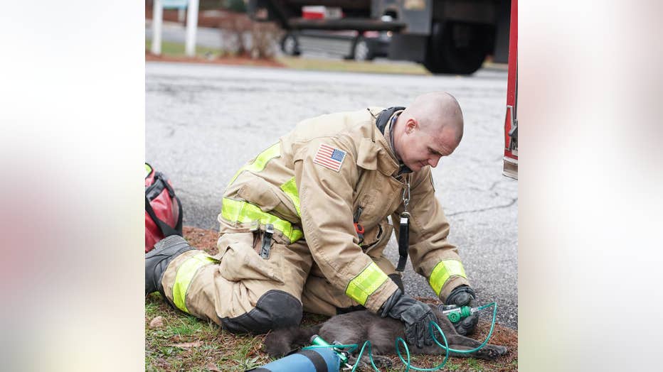 Firefighters work to battle a blaze and resuscitative a cat found inside a Cobb County home on Feb. 4, 2022.