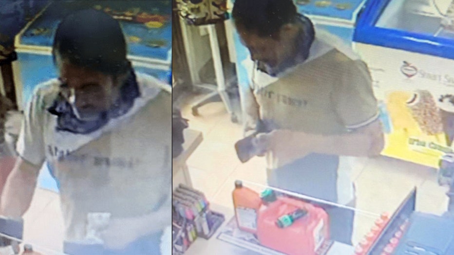 A man was seen purchasing a can of gasoline at a corner store in Walton County minutes before a nearby house fire on Nov. 16, 2021.
