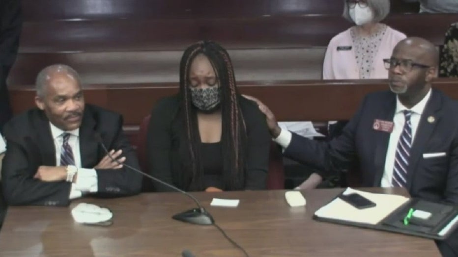 Michelle Wright, next to her attorney Harold Spence, testify via Zoom to the Georgia House State and Local Government subcommittee on March 7, 2022.