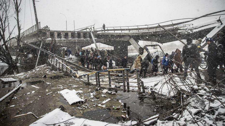 Civilians fleeing from Irpin, near Kyiv