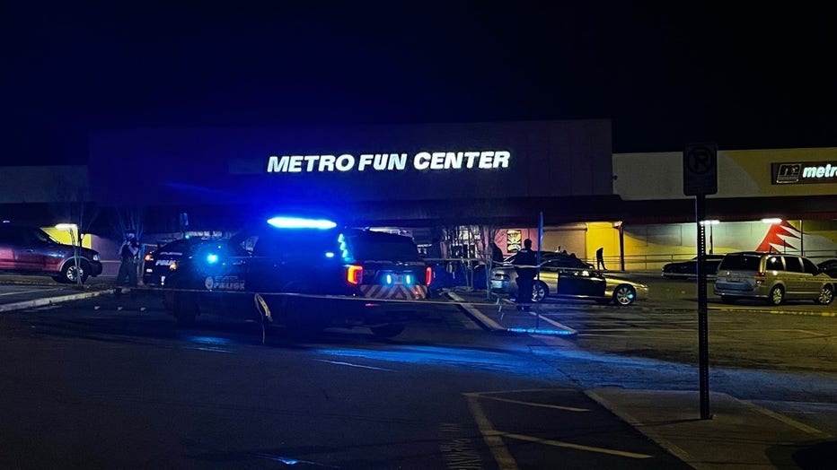 Police investigate a deadly shooting in front of a southwest Atlanta bowling alley on March 17, 2022.
