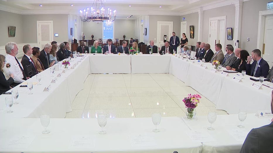 Dozens of state lawmakers, law enforcement officials and school superintendents took part in a roundtable hosted by Gov. Brian Kemp at the Governor's Mansion in Atlanta on March 17, 2022.