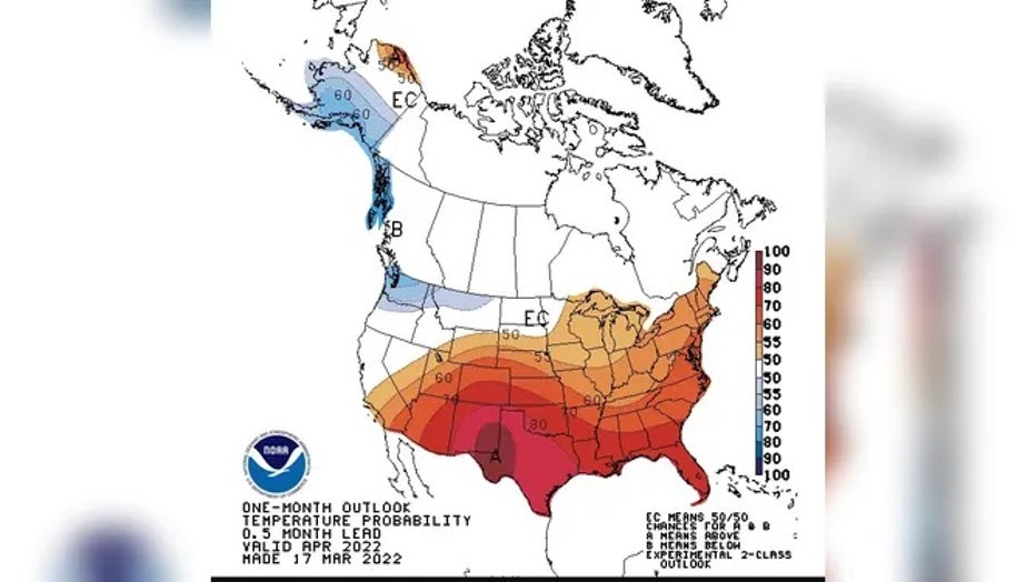 NOAA forecasts a warmer than normal April for much of the country. The reds and oranges show the percent chance of warmer than normal temperatures for the month. (NOAA.gov)