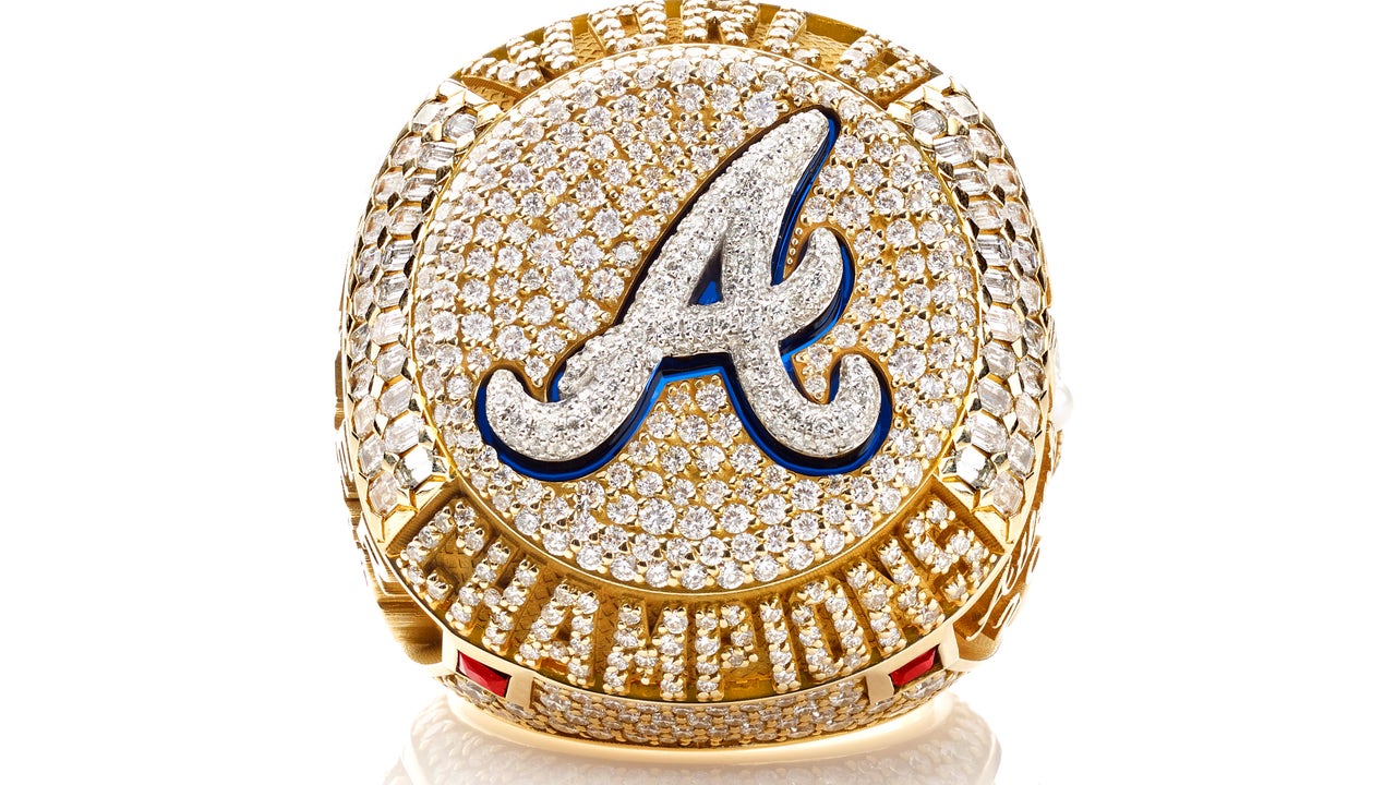 April 09, 2022: The Atlanta Braves logo outlined in gold on the