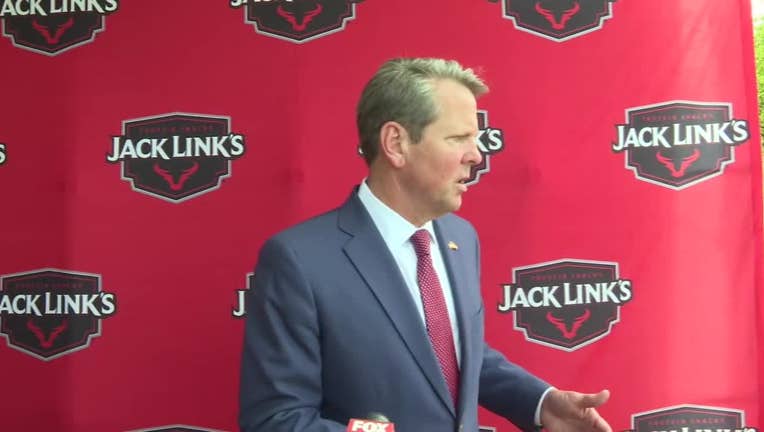 Gov. Brian Kemp attends an event touting a new Jack Link’s meat packing plant on April 26, 2022.