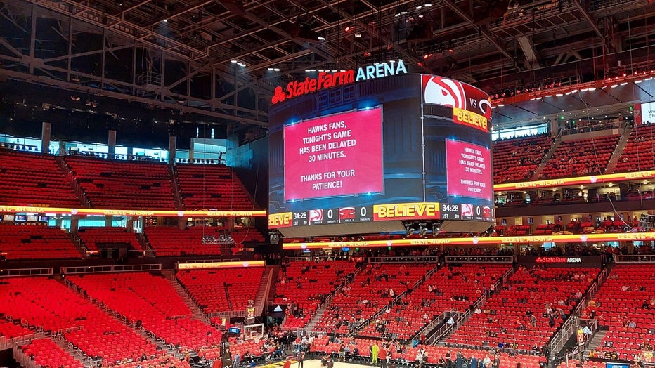 State Farm arena is nearly empty minutes before Game 3 between the Hawks and the Heat due to a report of a suspicious package on April 22, 2022.