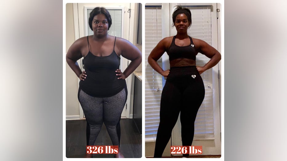 Woman poses in side-by-side photographs, wearing workout clothes. In one photo she is 326 pounds, in the other, she is 226 pounds.