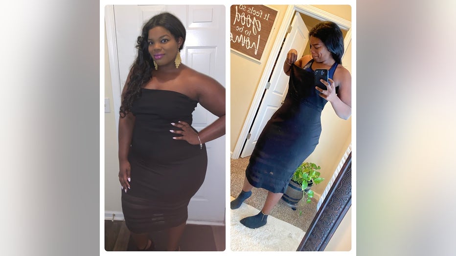 The woman is wearing the same dress in the side-by-side photos to document her weight loss