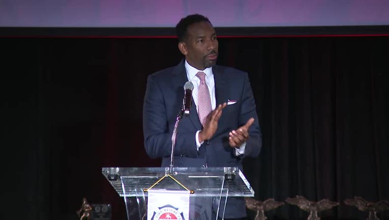 Atlanta Mayor Andre Dickens address Atlanta firefighter during the annual Breakfast with our Bravest event on May 4, 2022.