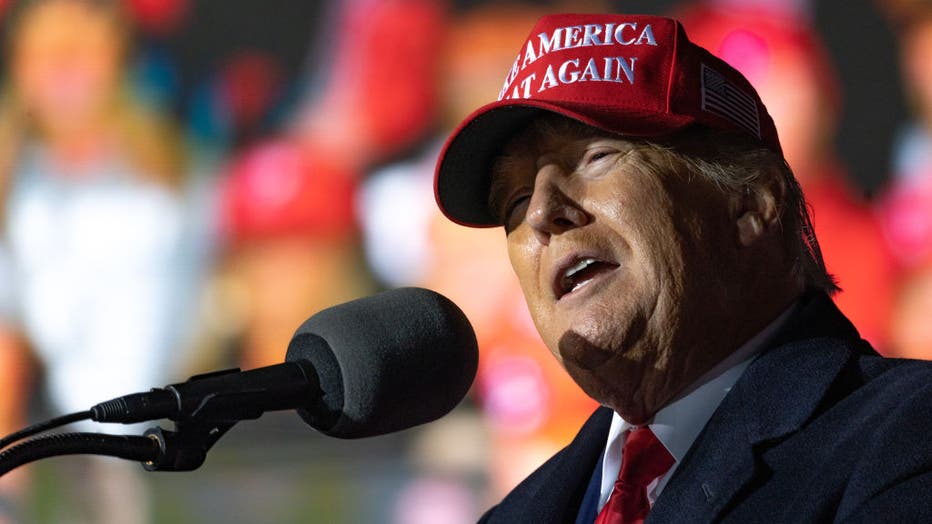 Former U.S. President Donald Trump speaks during a Save America rally at the Banks County Dragway on March 26, 2022 in Commerce, Georgia. This event is a part of Trump's Save America tour around the United States.