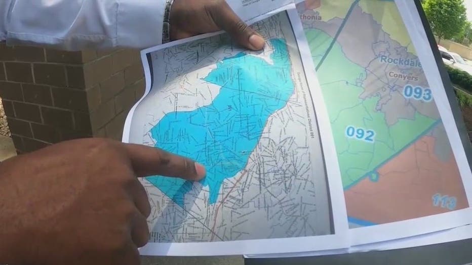 Demoine Kinney shows FOX 5 the map of the new lines for Georgia House District 92 as opposed to where his house is located.