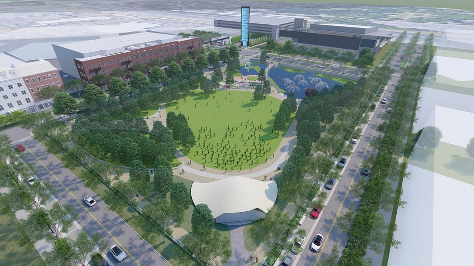 This artist rendering shows the planned 5-acres park planned for the former GM assembly plant site in Doraville.