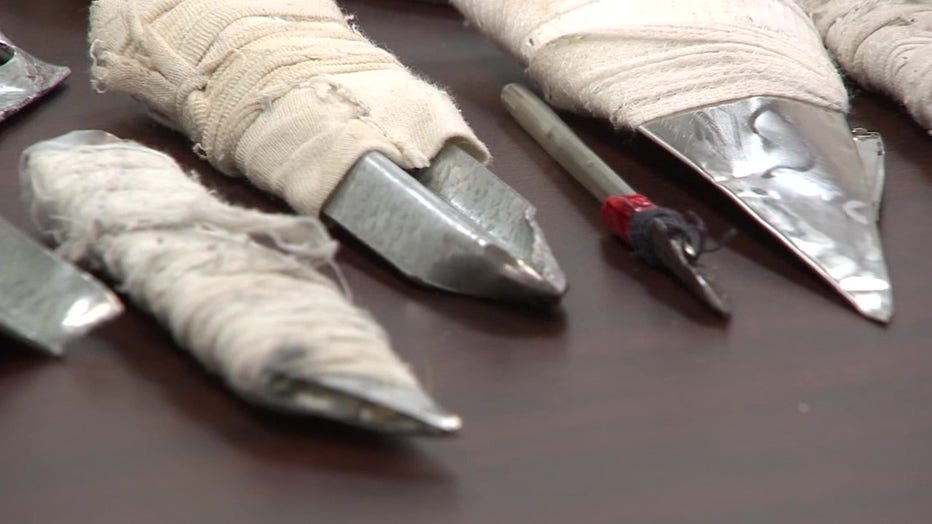 Authorities display prison knives, more commonly called shanks, after a brutal attack inside the Fulton County Jail connected to what is believed to be a gang-related extortion scheme.