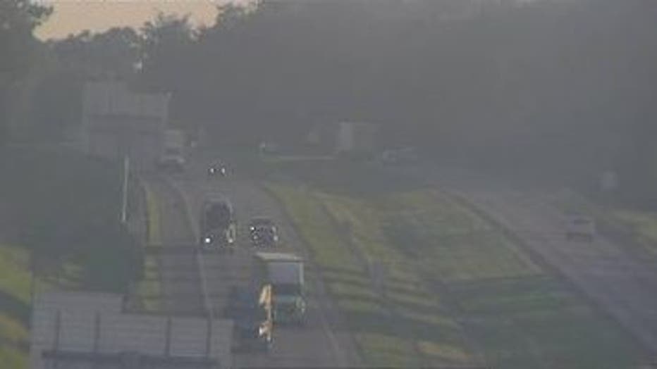 A traffic camera along I-85 near U.S. 441 shows the smoky conditions due to a massive motel fire on June 20, 2022.