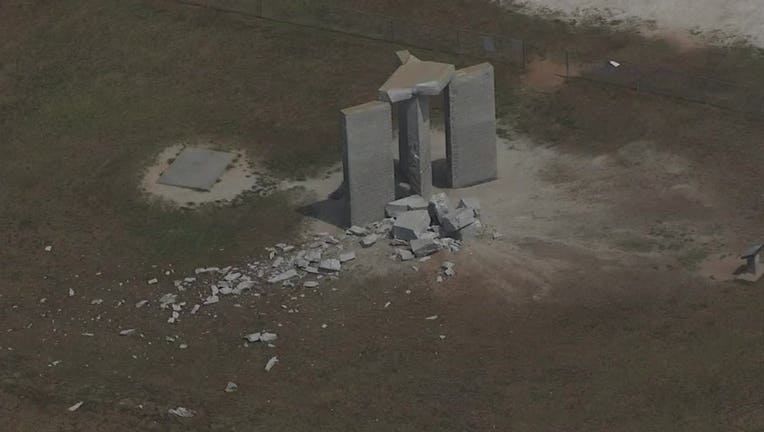 An aerial image of damage to the Georgia Guidestones on July 6, 2022.