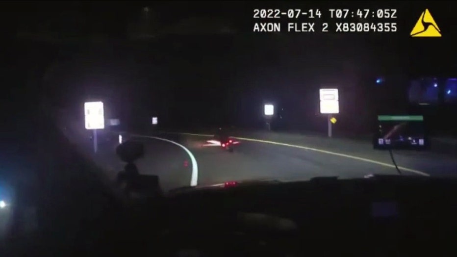 Dash cam video shows a motorcyclist going the wrong way on the off-ramp from I-85 on July 14, 2022.