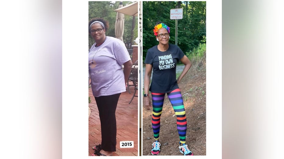 Woman stands side-by-side photos of herself in 2015 and today, after losing quite a bit of weight.