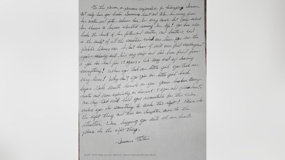 Don Wells, father of Summer Wells, write a letter to the "kidnappers" who he said took his daughter.