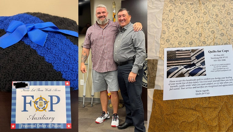 Investigator William Helton, who was shot while on assignment with the U.S. Marshals Service Task Force, received a quilt from Quilts for Cops and a blanket from the Georgia State Fraternal Order of Police on August 4, 2022.