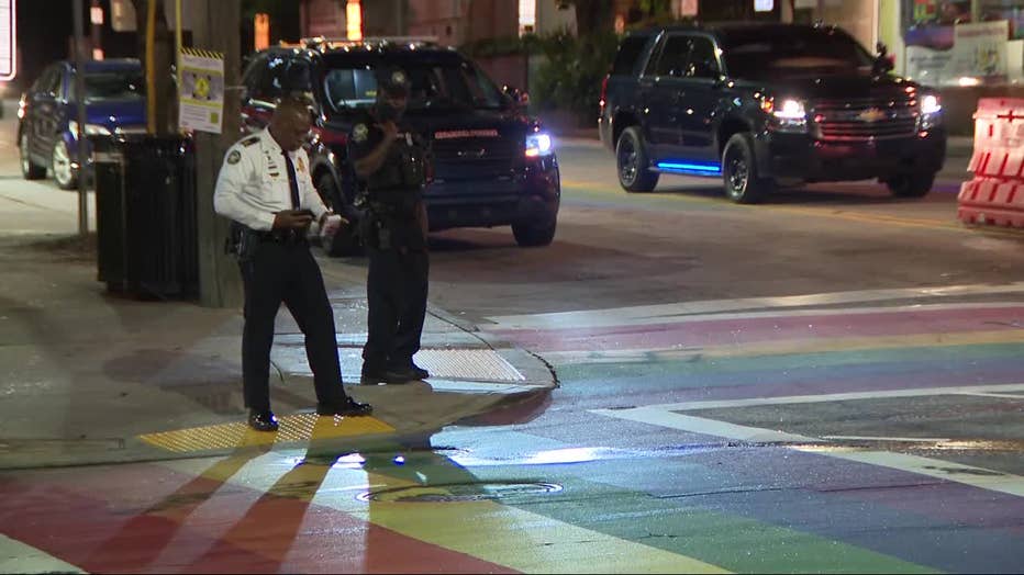 Atlanta Police Department officer investigate vandalism at a Rainbow Crosswalk in Midtown.