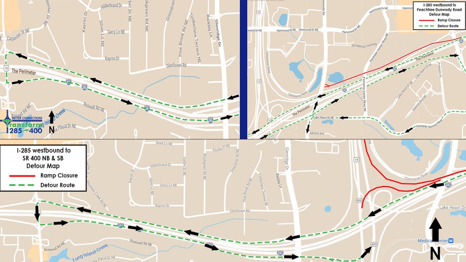 Construction crews closed I-285 westbound ramp to Ga. Highway 400 northbound and southbound at 9 p.m. Friday. Weather permitting, it will reopen at 5 a.m. Monday.