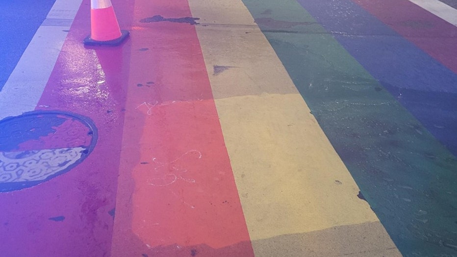 The area pressure sprayed by an Atlanta DOT worker after a reported swastika was found spray-painted on a section of Midtown’s iconic rainbow crosswalk on August 17, 2022.