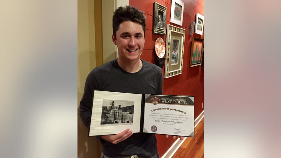 An 18-year-old Evan Fitzgibbon shows off his Certification of Appointment to West Point Academy. He would graduate in 2021 and enroll in Ranger School the following year.