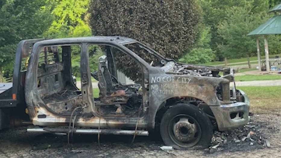 The burned out shell of a Ram 5500 pickup on a property near the so-called "Cop City" in Atlanta on July 30, 2022.