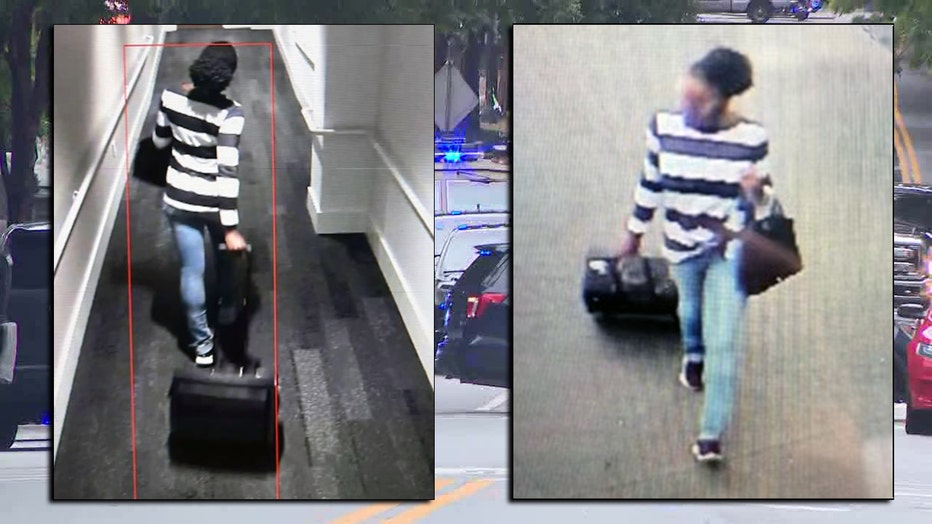 Atlanta police release these photos of a woman wanted in connection to a triple shooting at Colony Square on August 22, 2022.