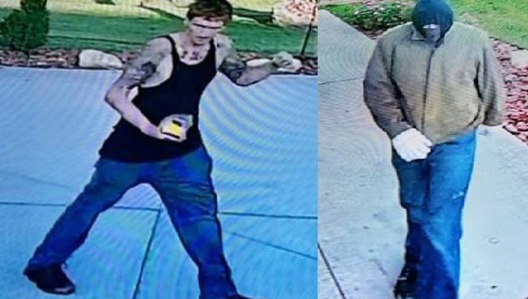 Authorities said the suspect in the jacket and hoodie was seen on video taking an orange Rigid air compressor from a home on Dodson Drive in Douglasville. The suspect in the black tank top is presumed to be the same person, investigators said..