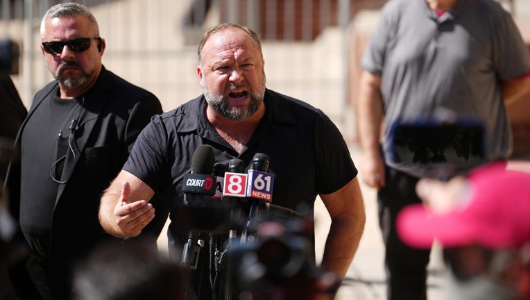 Alex Jones Speaks To The Media Outside The Sandy Hook Trial In Waterbury, Connecticut