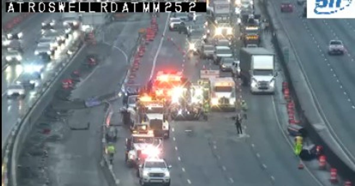 Overturned tractor trailer shuts down all westbound I-285 lanes | FOX 5 ...