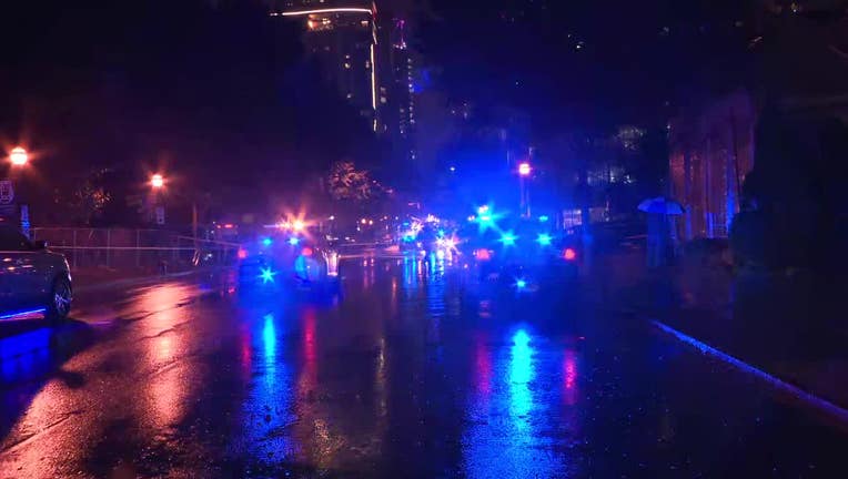 West Peachtree Street in Midtown Atlanta was blocked after a report of a shooting on Oct. 25, 2022.