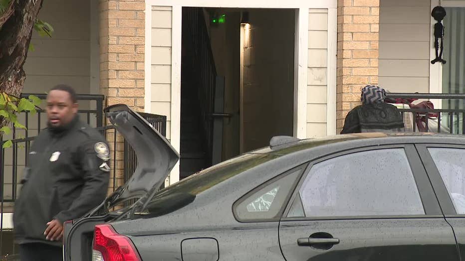 Police investigate after a 5-year-old was shot in an apartment complex in northwest Atlanta on Oct. 22, 2022.