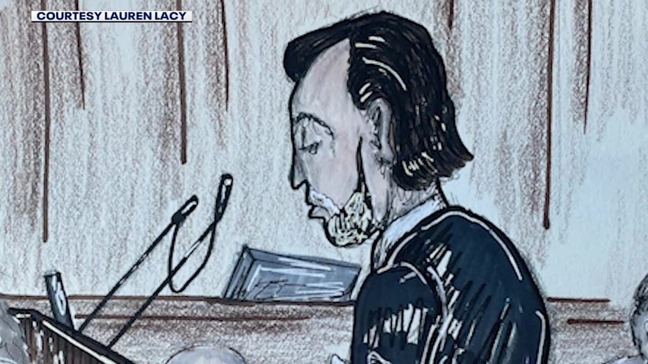 A sketch of defense attorney Drew Findling in the Victor Hill civil rights trial on Oct. 19, 2022.