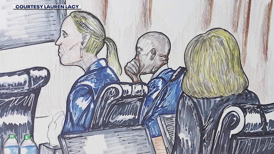 A sketch shows suspended sheriff Victor Hill listening to testimony in his civil rights trial on Oct. 19, 2022.